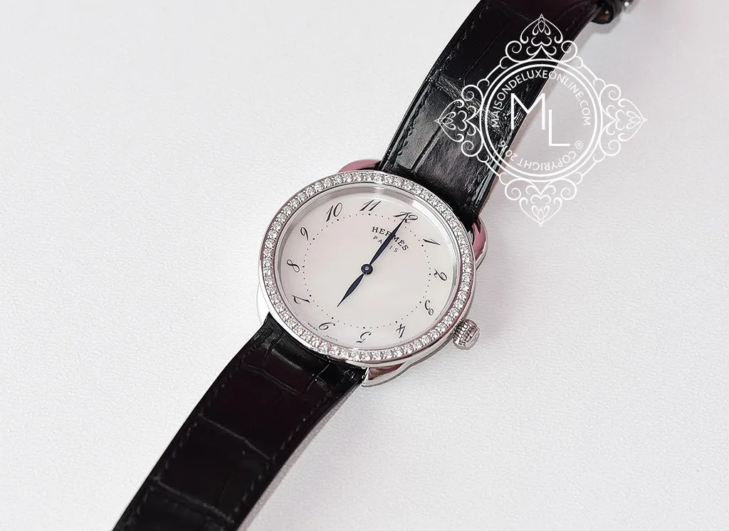 Hermes Diamond Arceau Watch GM Black Crocodile Strap