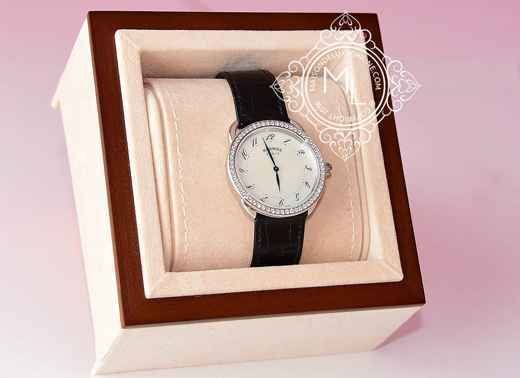 Hermes Diamond Arceau Watch GM Black Crocodile Strap
