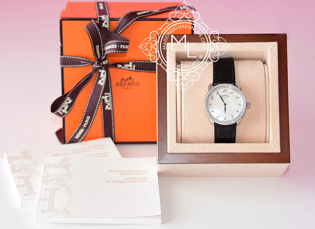 Hermes Diamond Arceau Watch GM Black Crocodile Strap