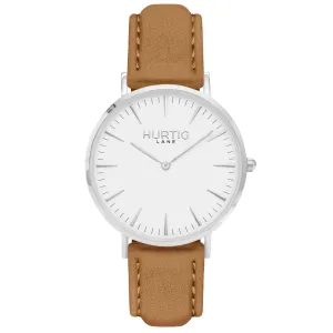 Hymnal Vegan Suede Watch Silver, White & Camel Brown
