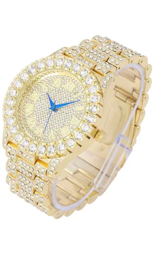 Iced Out 18k Gold Face CZ Urban Jewelry Cubic Zirconia Solitaire Bezel Hip Hop Watch