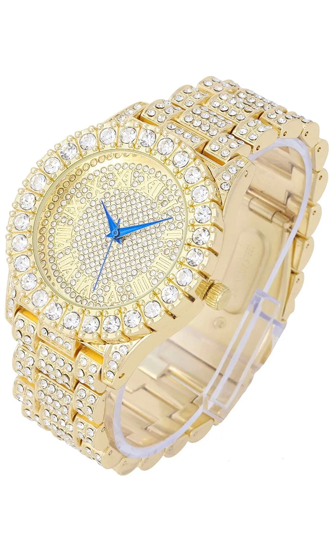 Iced Out 18k Gold Face CZ Urban Jewelry Cubic Zirconia Solitaire Bezel Hip Hop Watch