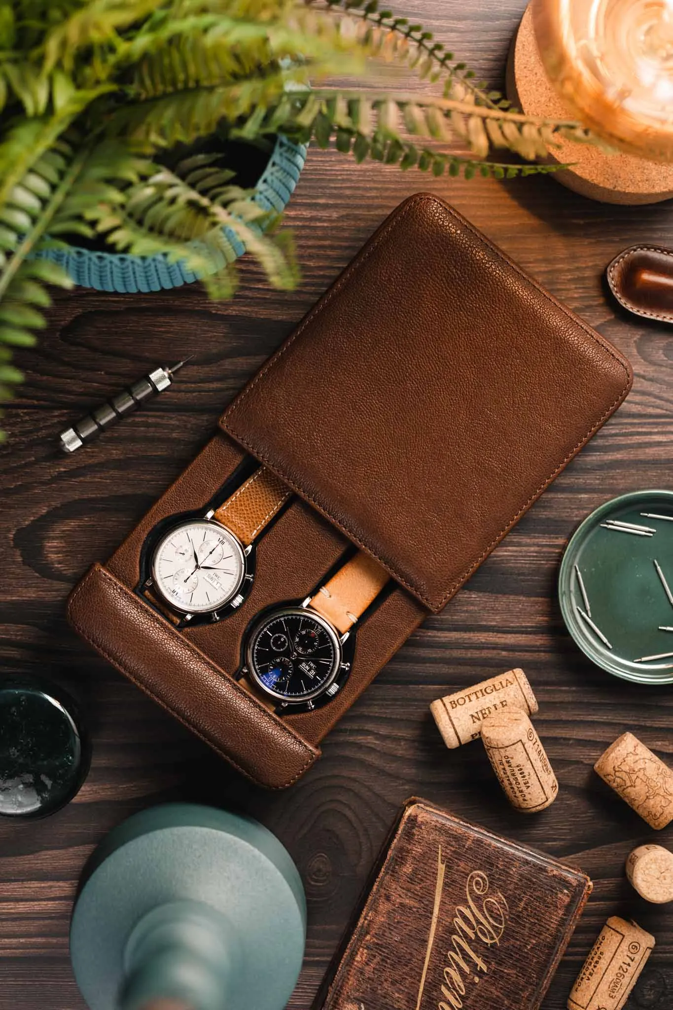 JPM 2-Watch Leather Sliding Storage Case in AGED BROWN