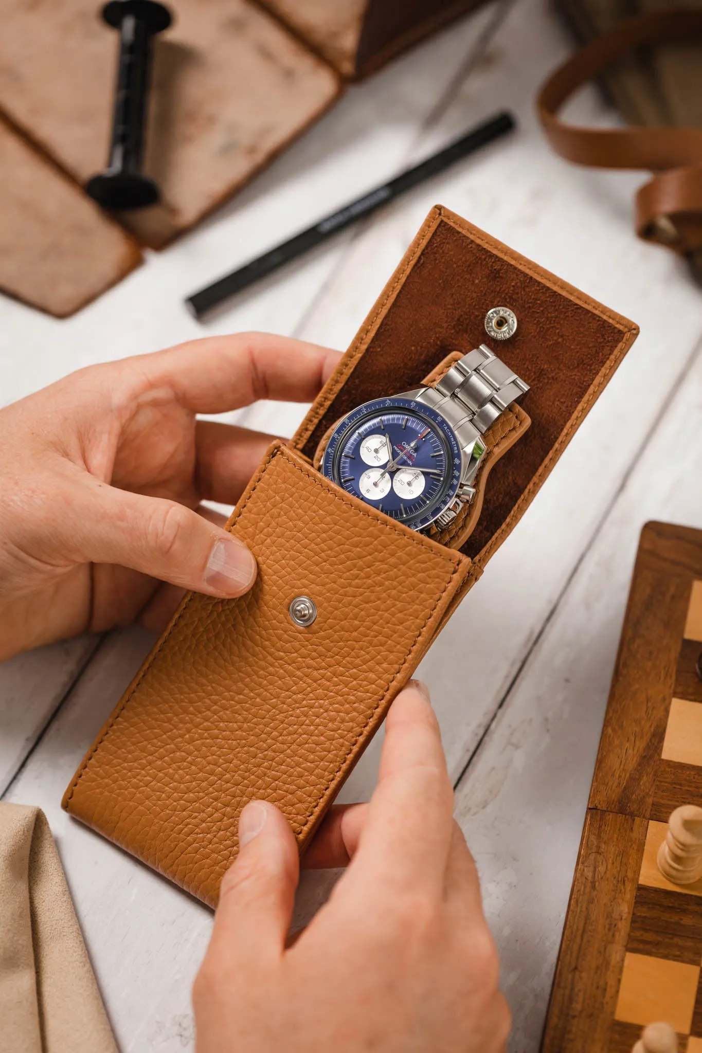 JPM Luxe Leather Watch Travel Pouch in CAMEL