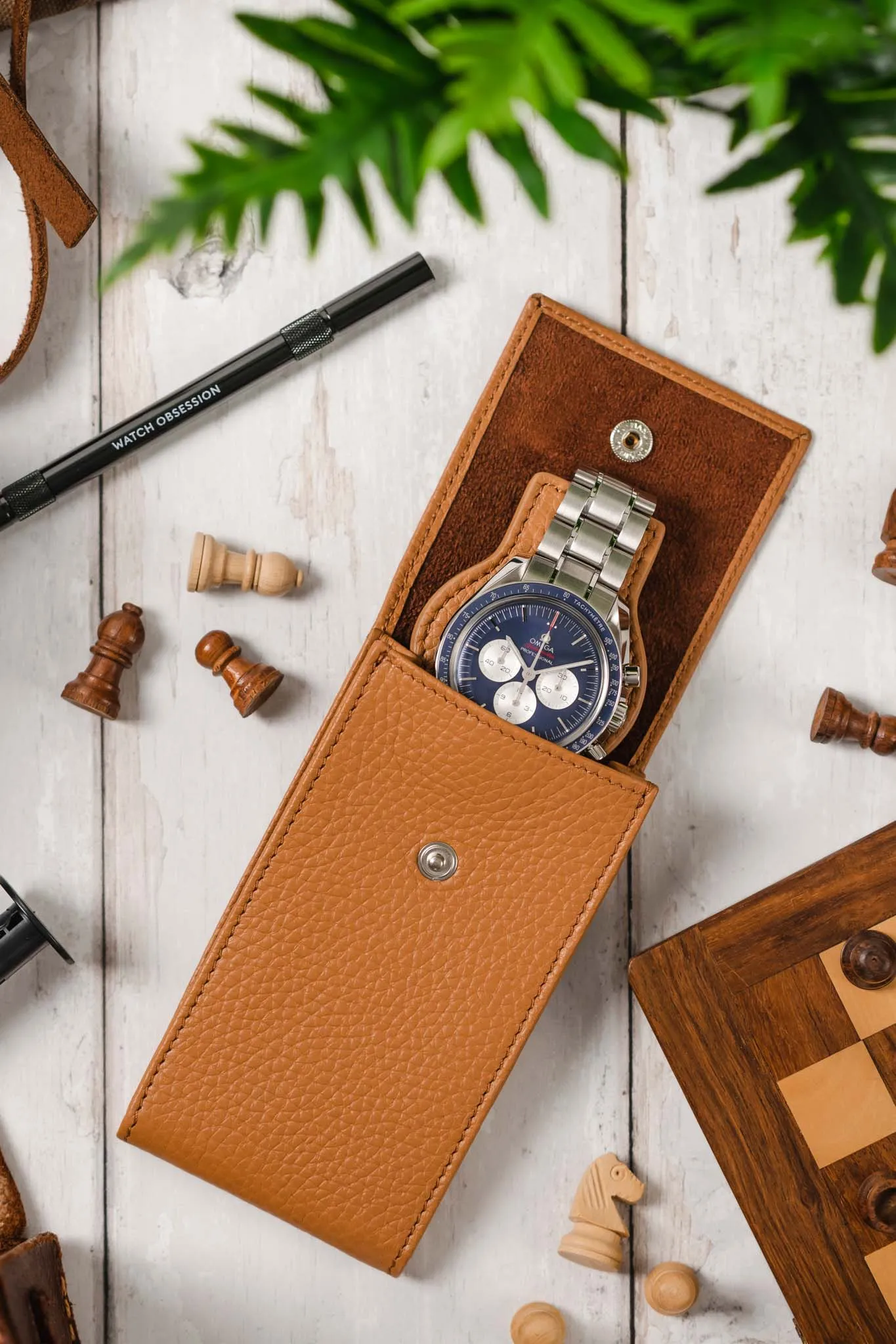 JPM Luxe Leather Watch Travel Pouch in CAMEL