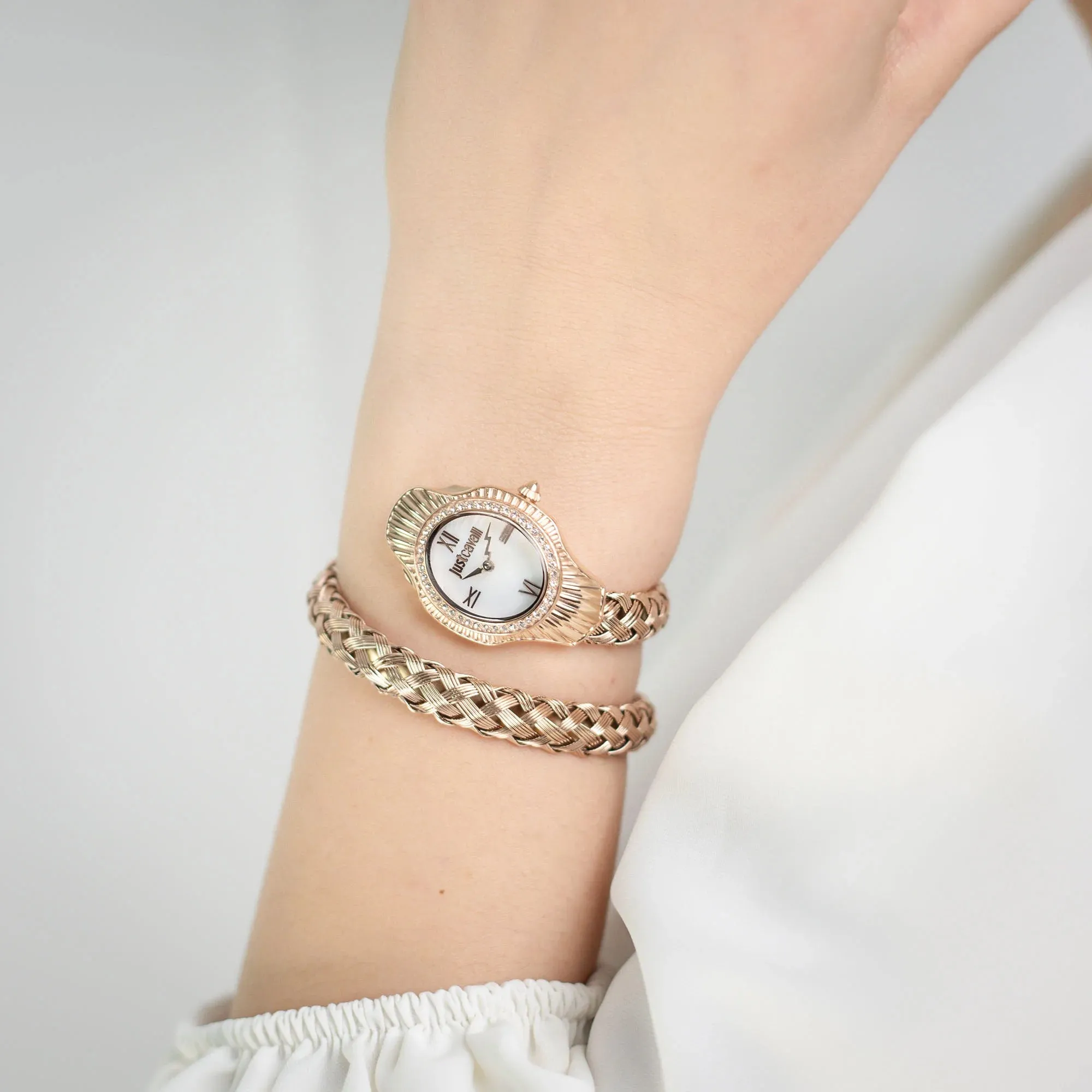 Just Cavalli Twined Ladies Mother-of-pearl dial Braided Rose Gold-Toned Stainless Steel Watch