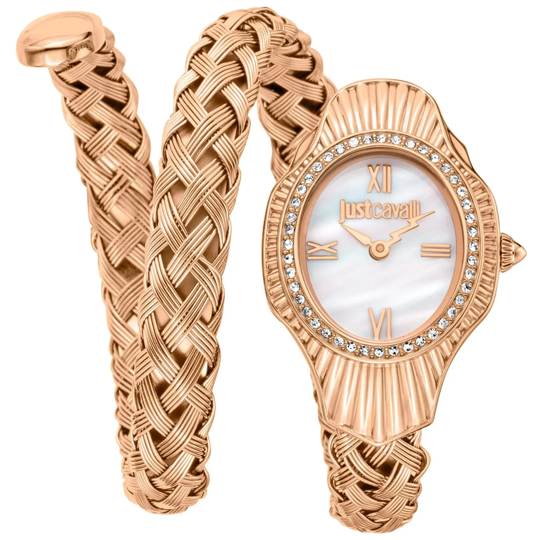 Just Cavalli Twined Ladies Mother-of-pearl dial Braided Rose Gold-Toned Stainless Steel Watch