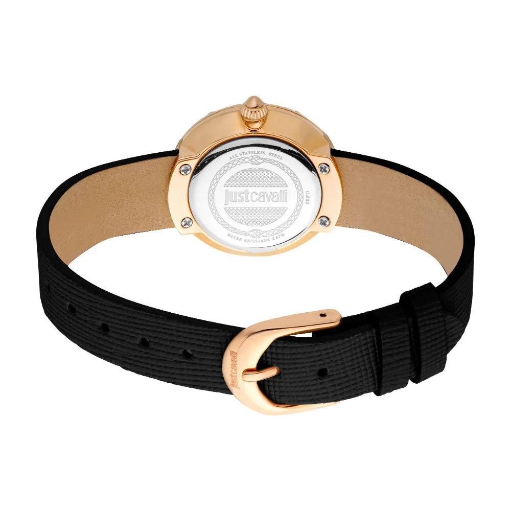 Just Cavalli Women's Rose Gold Case with Purple Dial and Black Leather Strap Watch