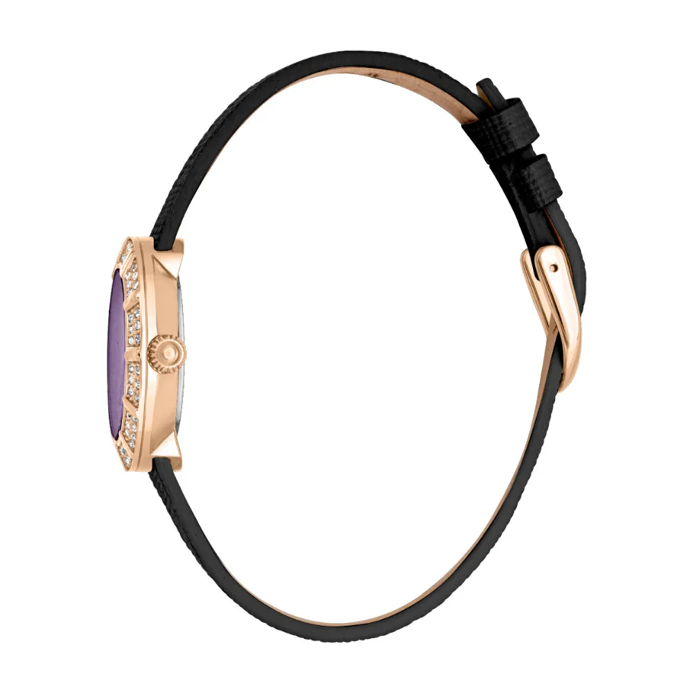 Just Cavalli Women's Rose Gold Case with Purple Dial and Black Leather Strap Watch