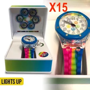 LOT 931! 15 Dazzle light up watches in hard colourful cases! May need new batteries! VALUE $375!! BRAND NEW Shelf Pull, great for re-sell, stores etc