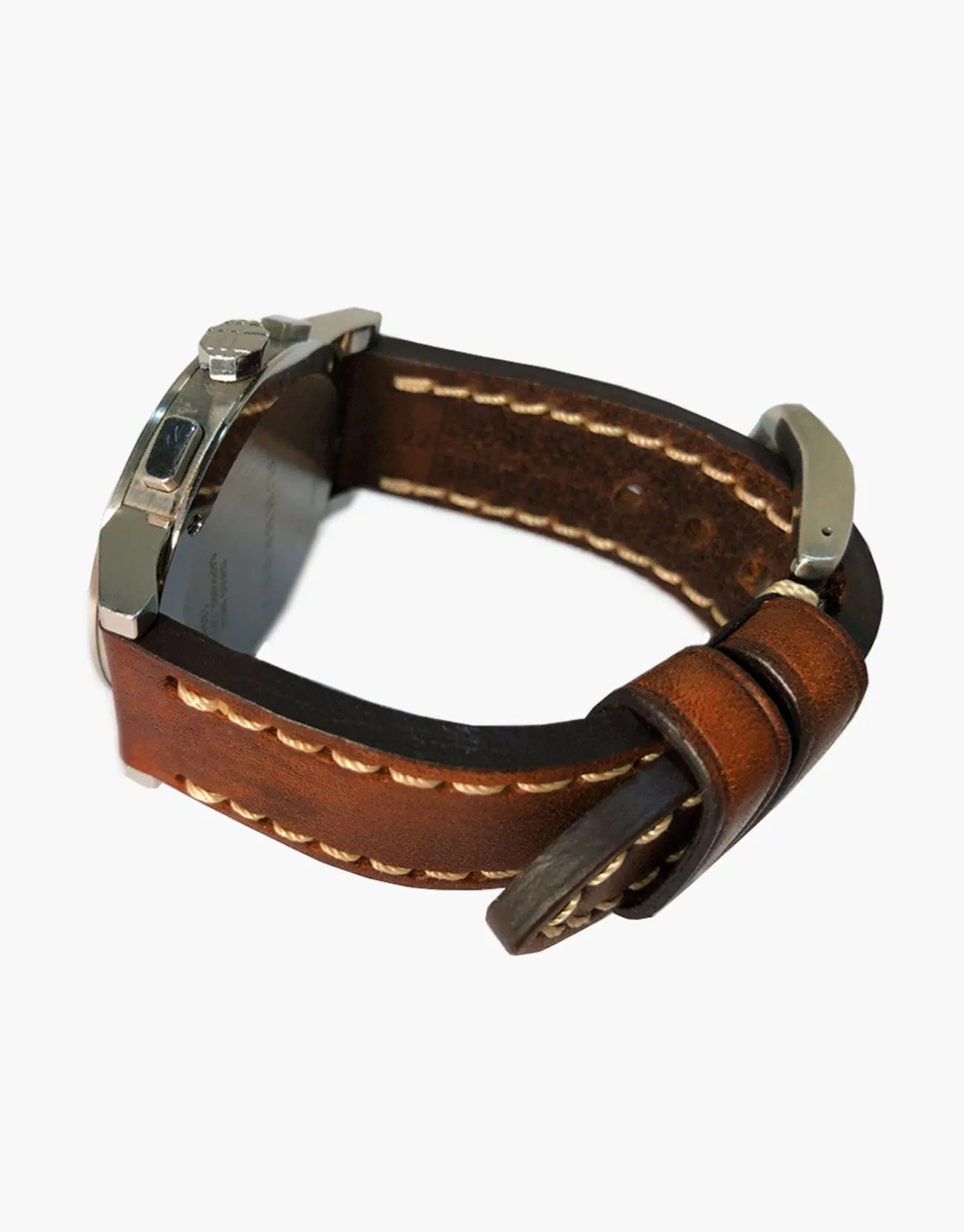 LUX Brown Oil Tanned Leather Watch Band Flat Thick Vintage White Stitching
