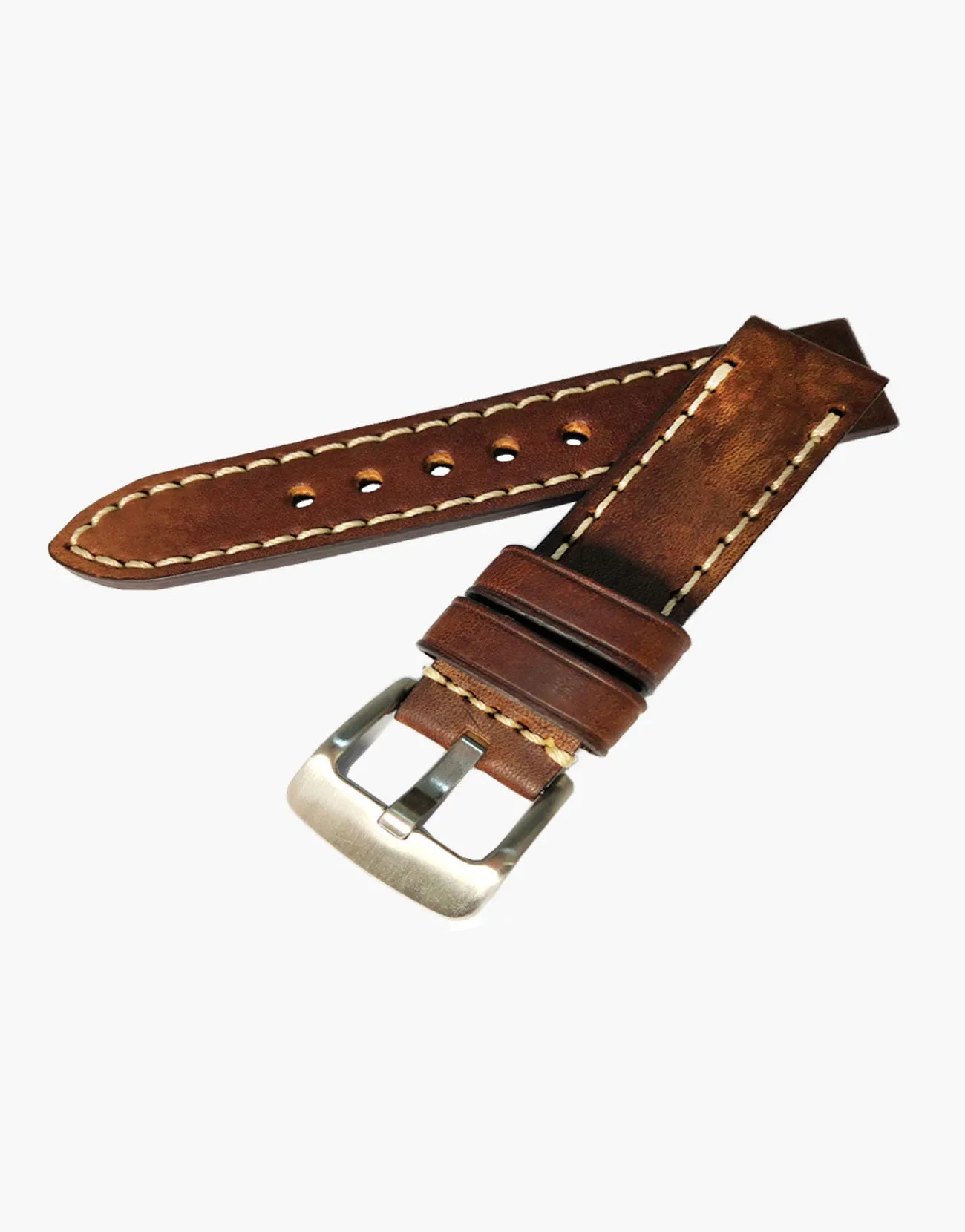 LUX Brown Oil Tanned Leather Watch Band Flat Thick Vintage White Stitching