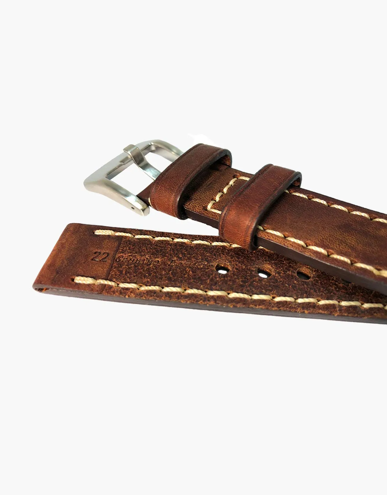 LUX Brown Oil Tanned Leather Watch Band Flat Thick Vintage White Stitching