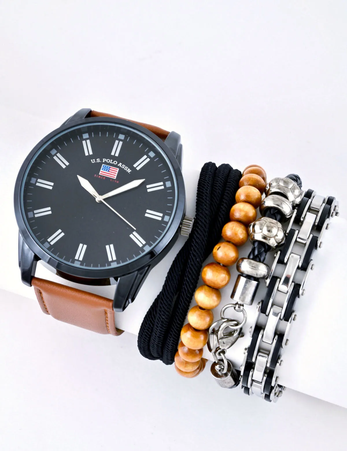 MEN'S OVERSIZED BLACK & BROWN WATCH & BRACELETS SET