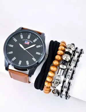 MEN'S OVERSIZED BLACK & BROWN WATCH & BRACELETS SET