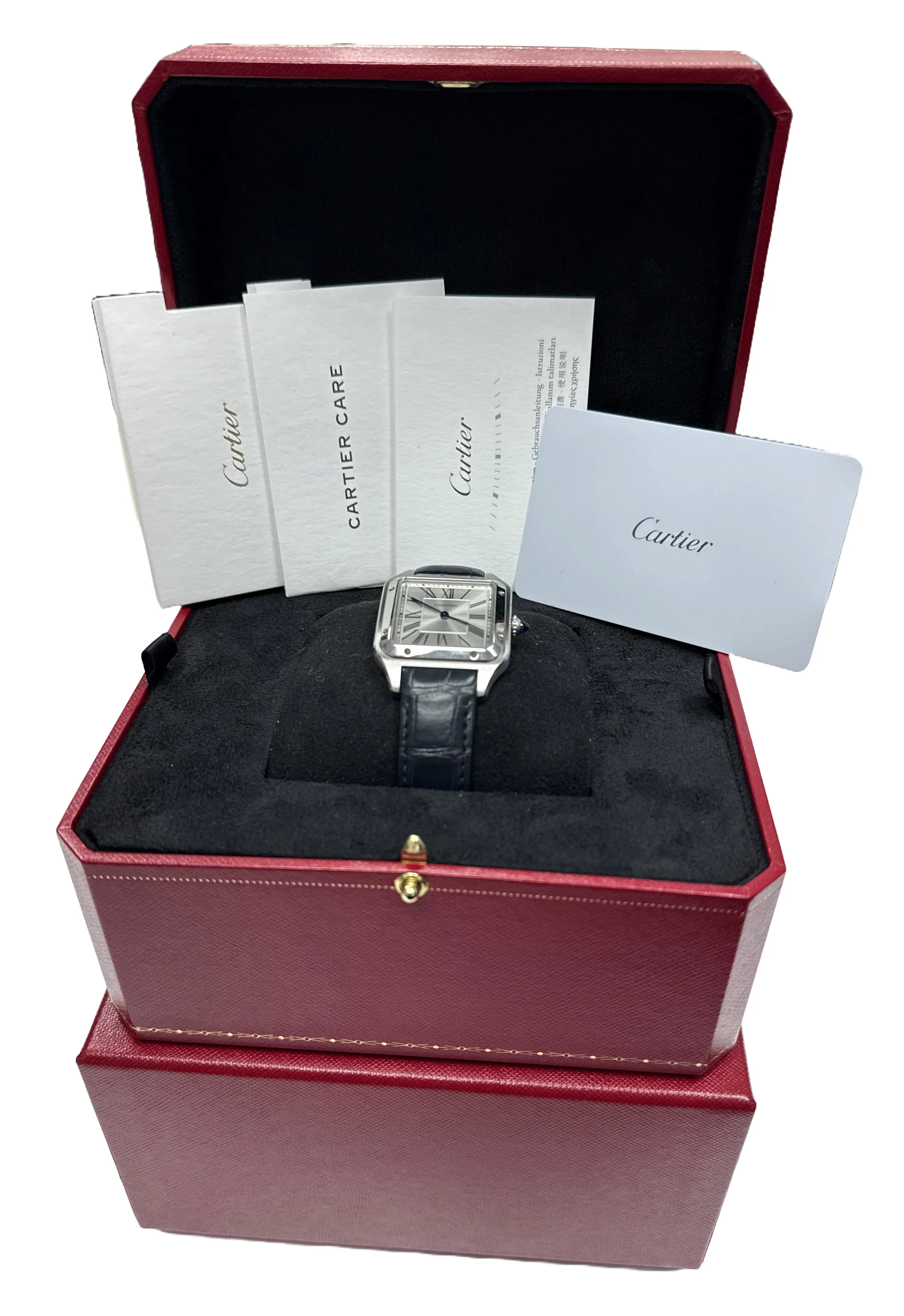 MINT 2024 PAPERS Cartier Santos Dumont SILVER Leather 4240 WSSA0022 31.4mm BOX