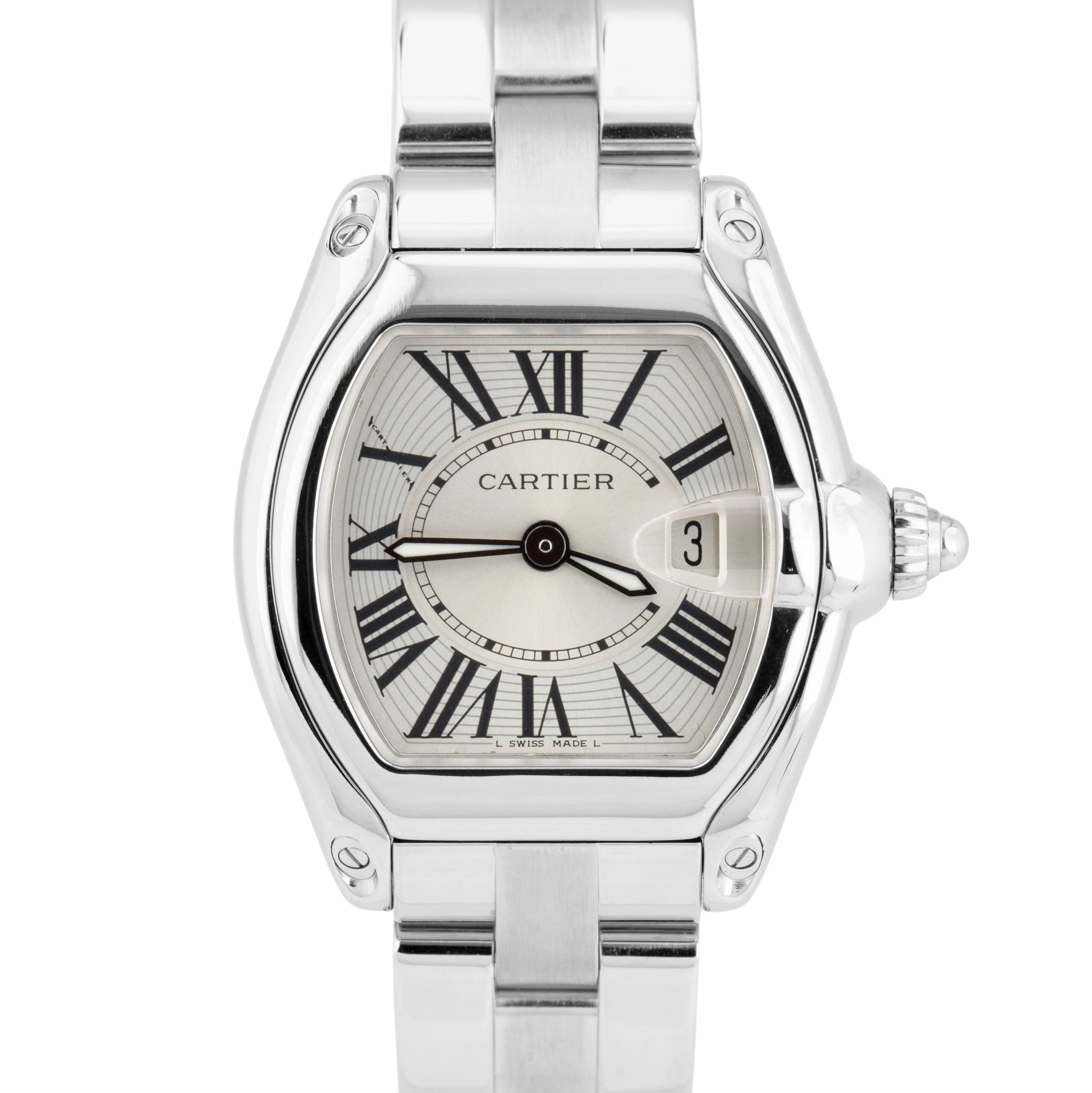 MINT Cartier Roadster SILVER Roman 2675 31mm W62016V3 Quartz Stainless Watch BOX