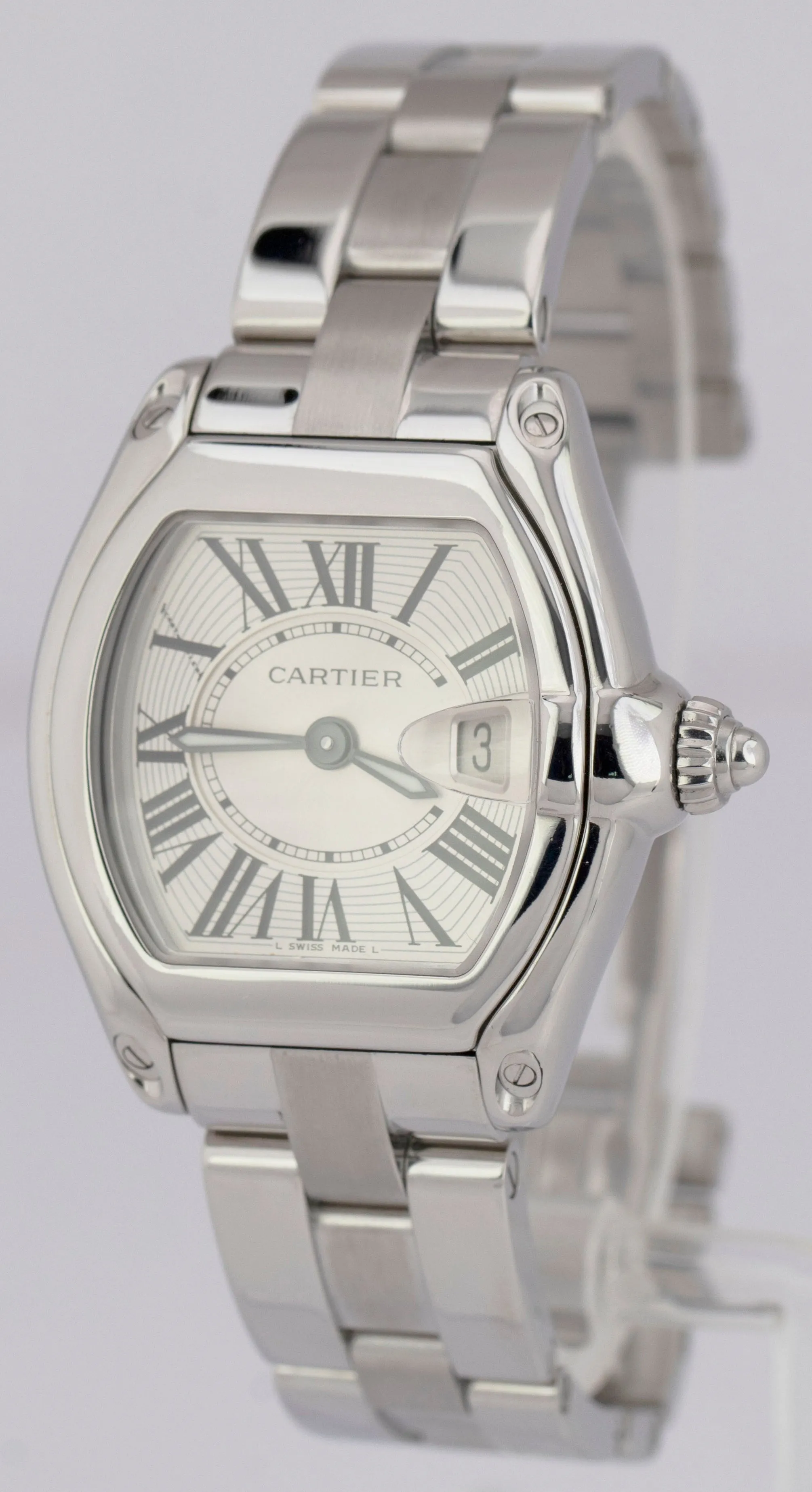 MINT Cartier Roadster SILVER Roman 2675 31mm W62016V3 Quartz Stainless Watch BOX