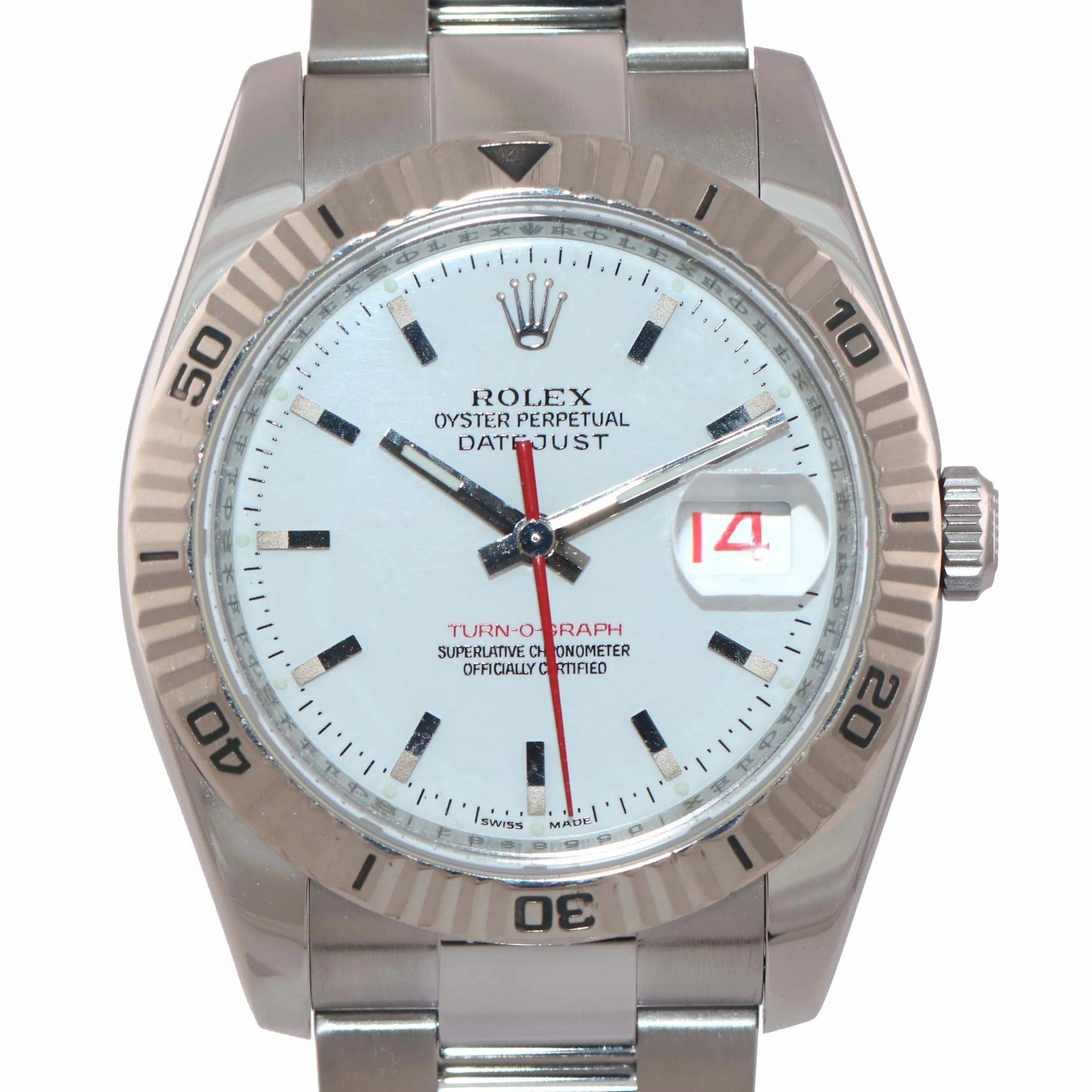MINT PAPERS Rolex DateJust 116264 Turn-O-Graph White Thunderbird Steel 18k Watch