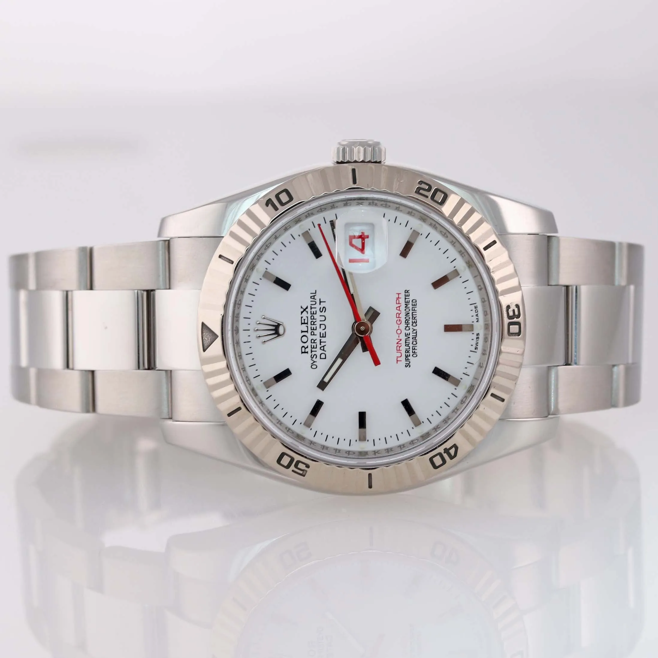 MINT PAPERS Rolex DateJust 116264 Turn-O-Graph White Thunderbird Steel 18k Watch