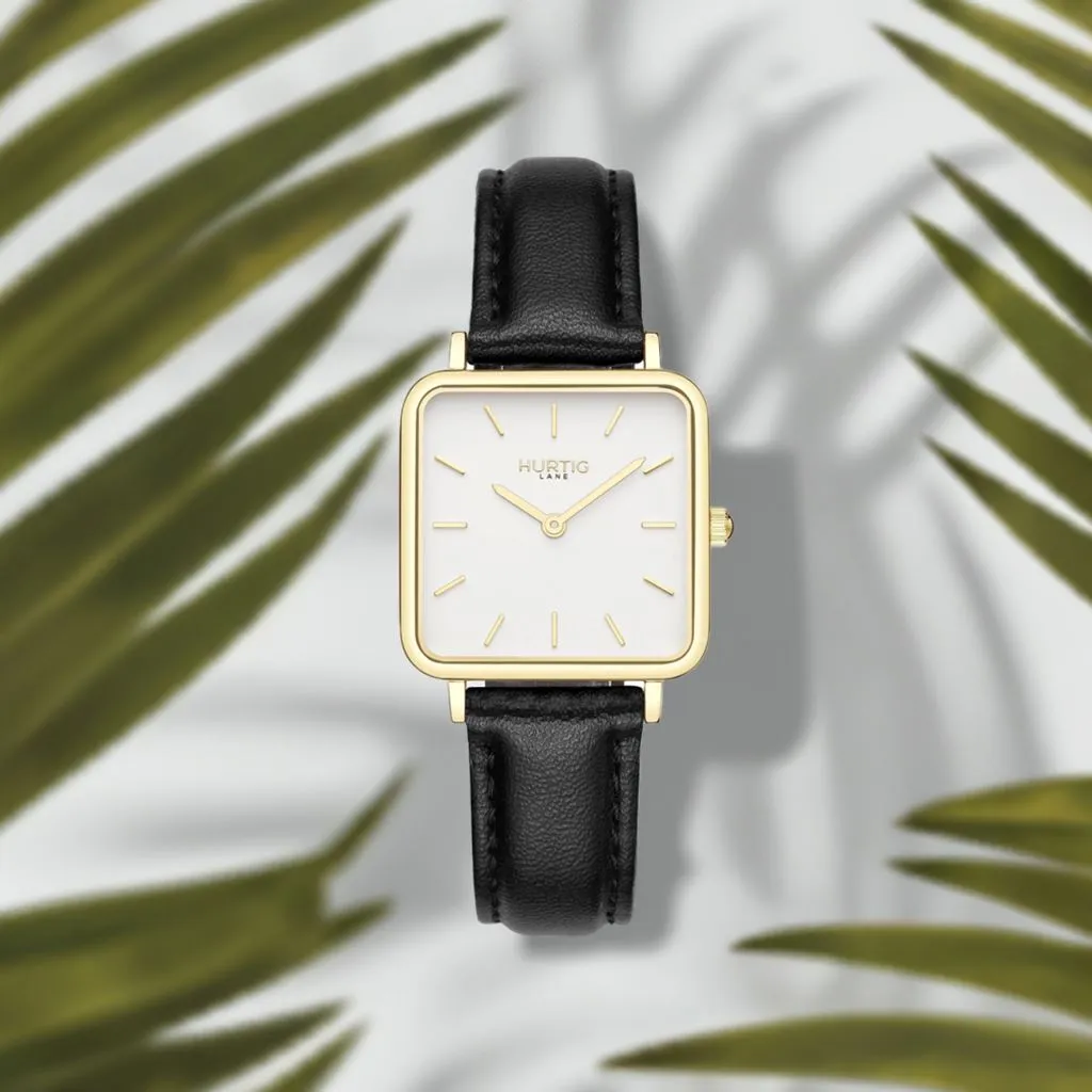 Neliö Square Vegan Leather Watch Gold, White & Black