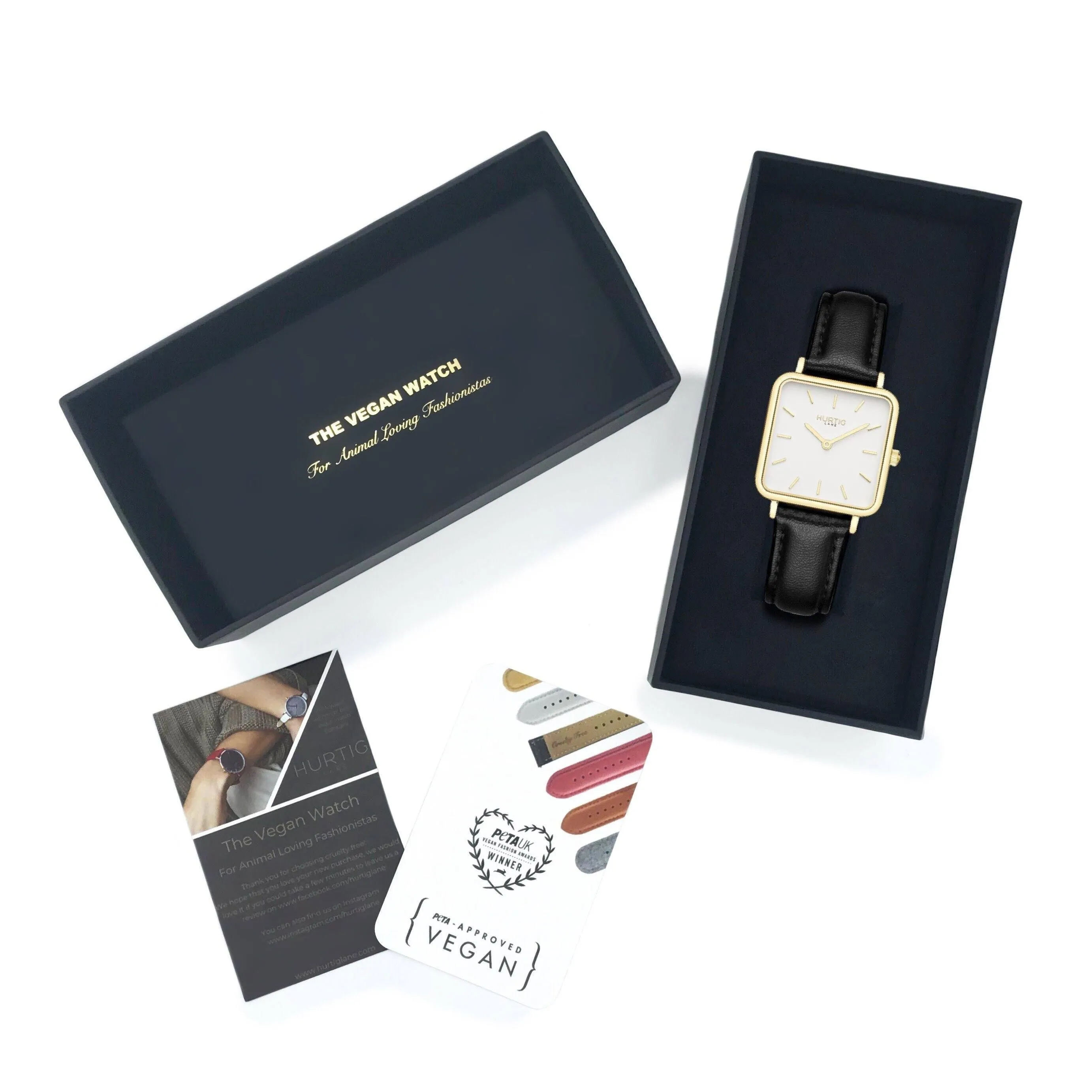 Neliö Square Vegan Leather Watch Gold, White & Black