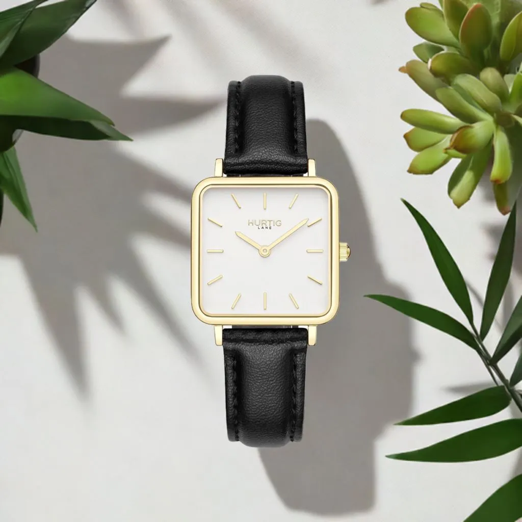 Neliö Square Vegan Leather Watch Gold, White & Black