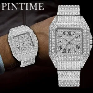 New Hip Hop Diamond Watch Fashion Luxury Quartz Watches Stainless Steel Diamond Dial Iced Out Quartz Watch Men Jewelry, Silver