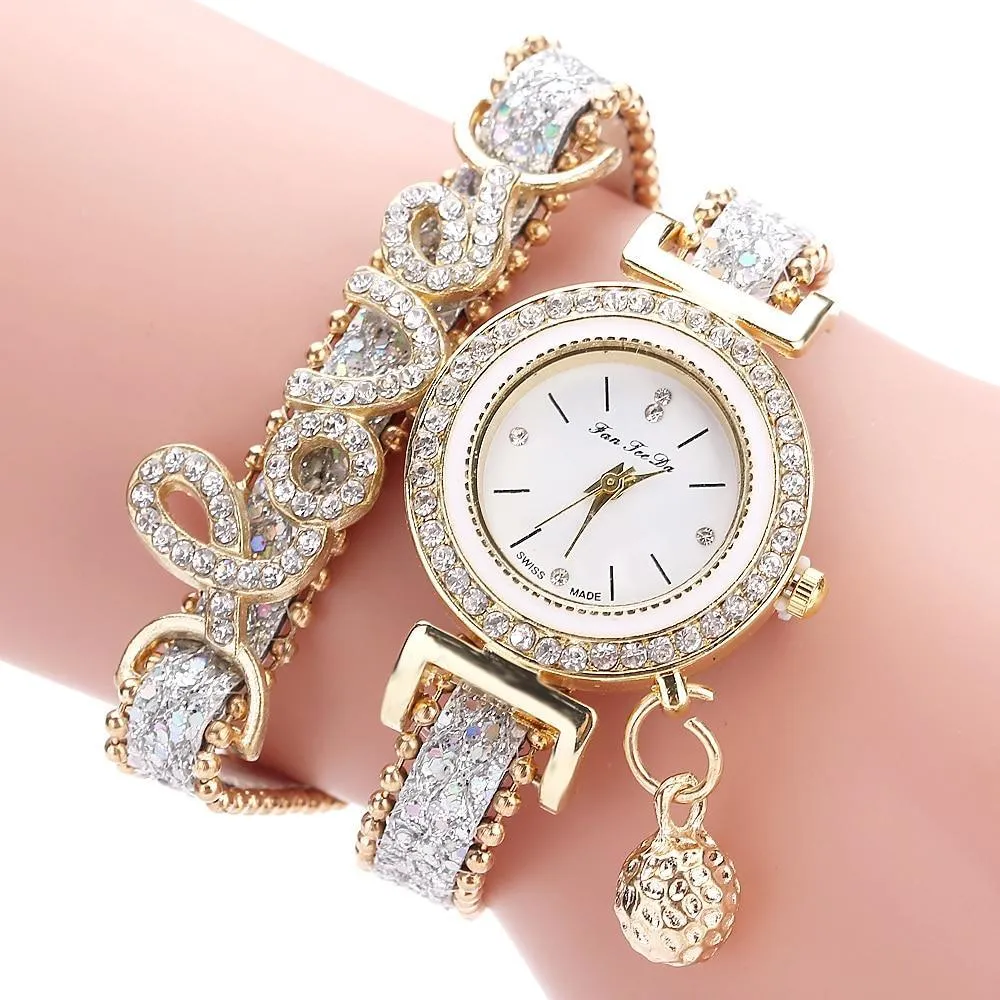 New Top Women Bracelet Watches Ladies Love Leather Strap Rhinestone Quartz Wrist Watch Luxury Fashion Quartz Watch For Women and Girls