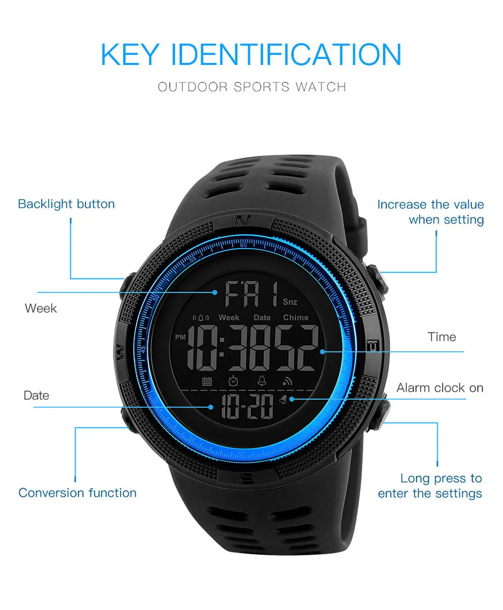 Outdoor Sport Watch Men Clock Multifunction Watches Alarm Chrono 5Bar Waterproof Digital Watch