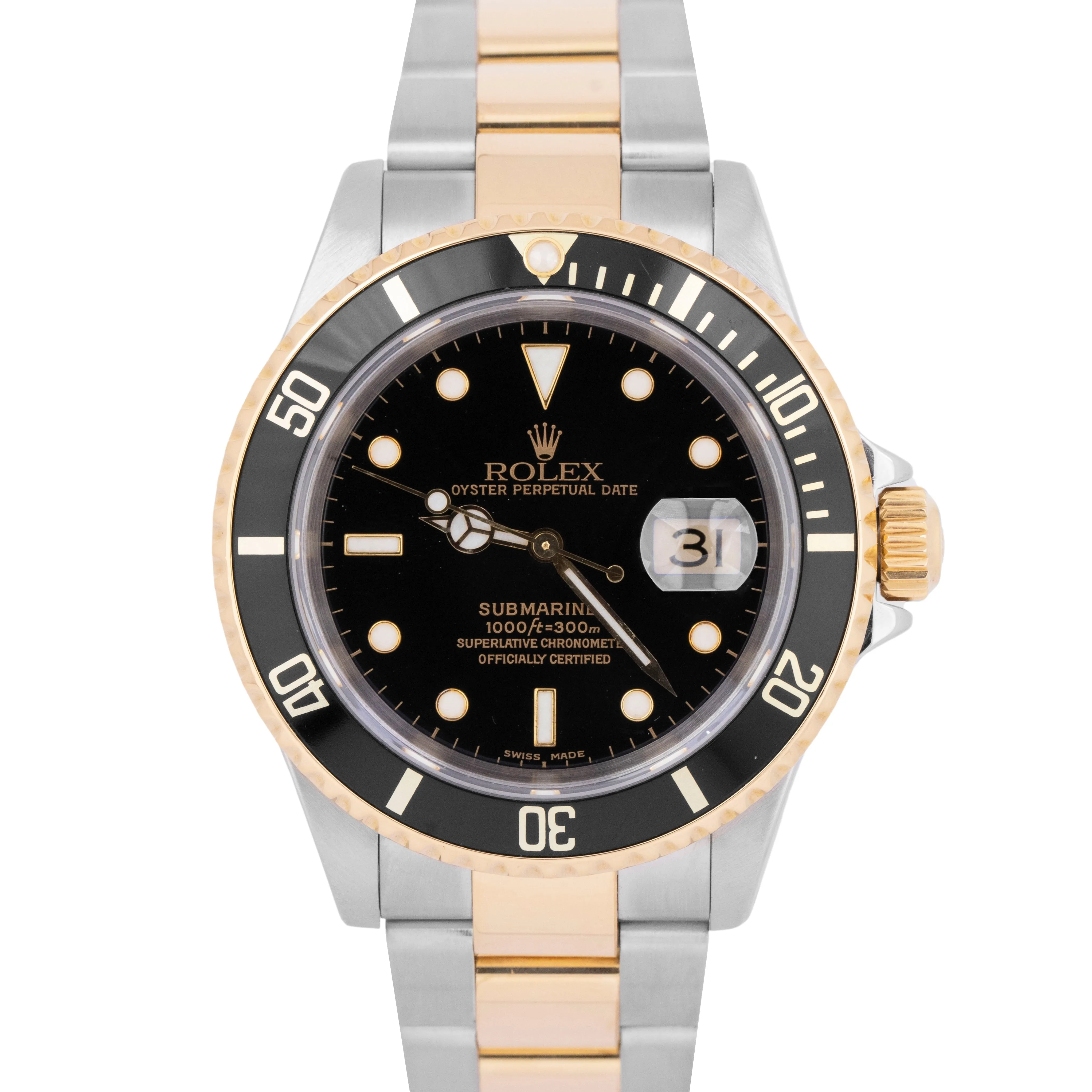 PAPERS Rolex Submariner Two-Tone 18K Gold Buckle Black 40mm 16613 Watch B P
