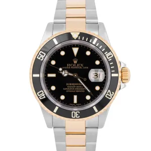 PAPERS Rolex Submariner Two-Tone 18K Gold Buckle Black 40mm 16613 Watch B P