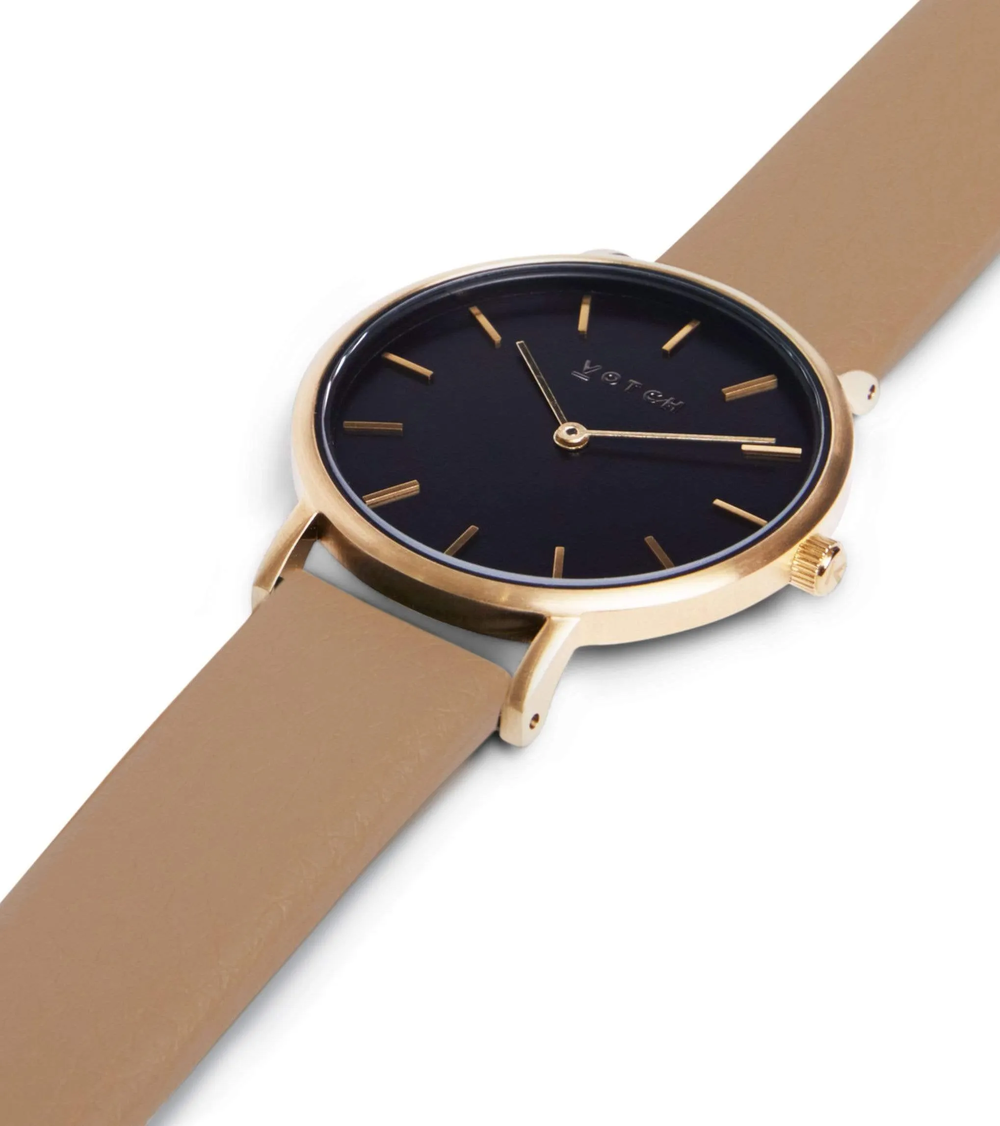 Petite Watch with Gold & Black Dial | Tan Vegan Leather Strap