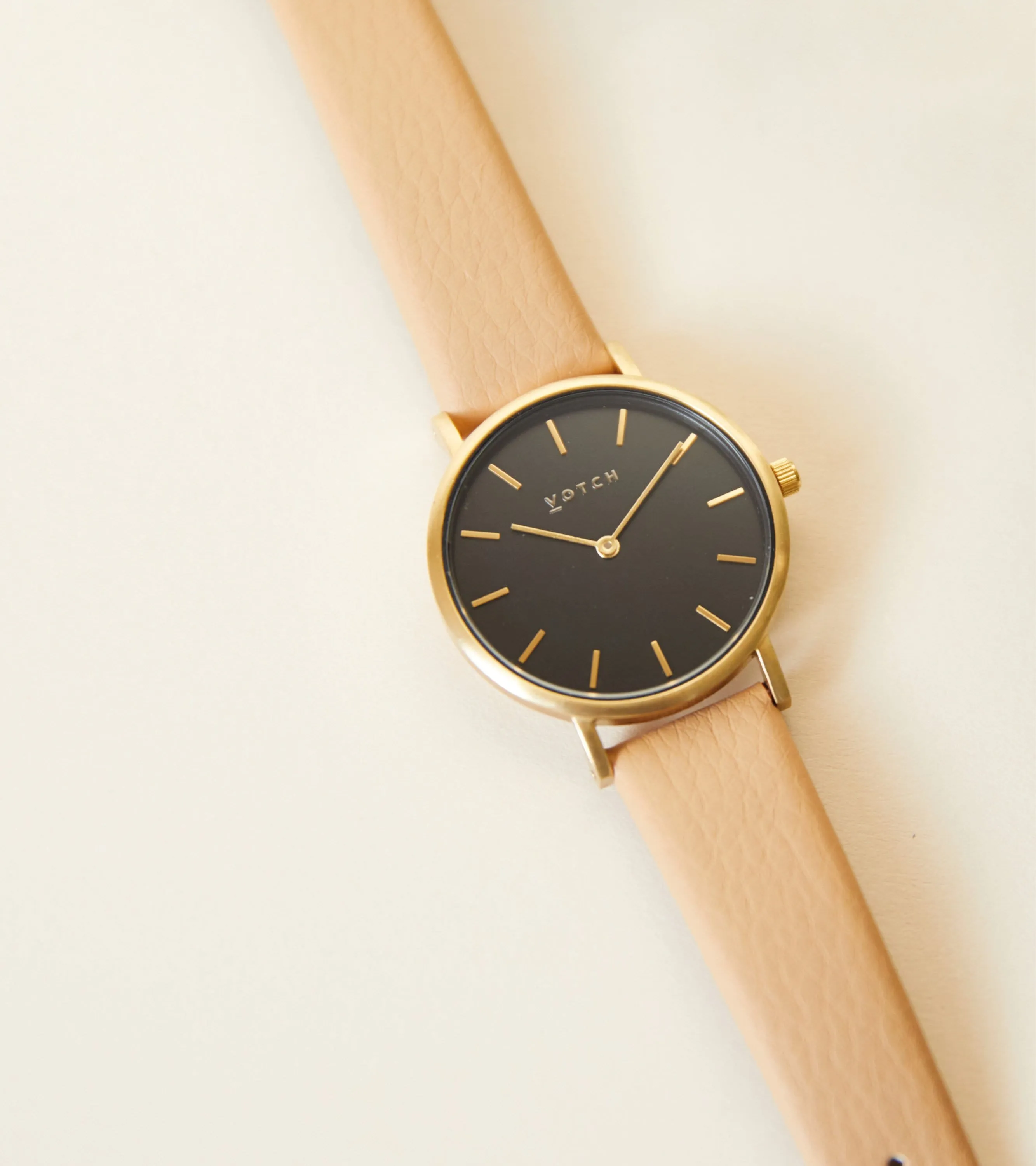 Petite Watch with Gold & Black Dial | Tan Vegan Leather Strap