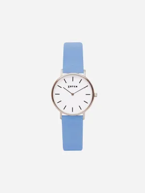 Petite Watch with Silver & White Dial | Sky Blue Vegan Leather Strap