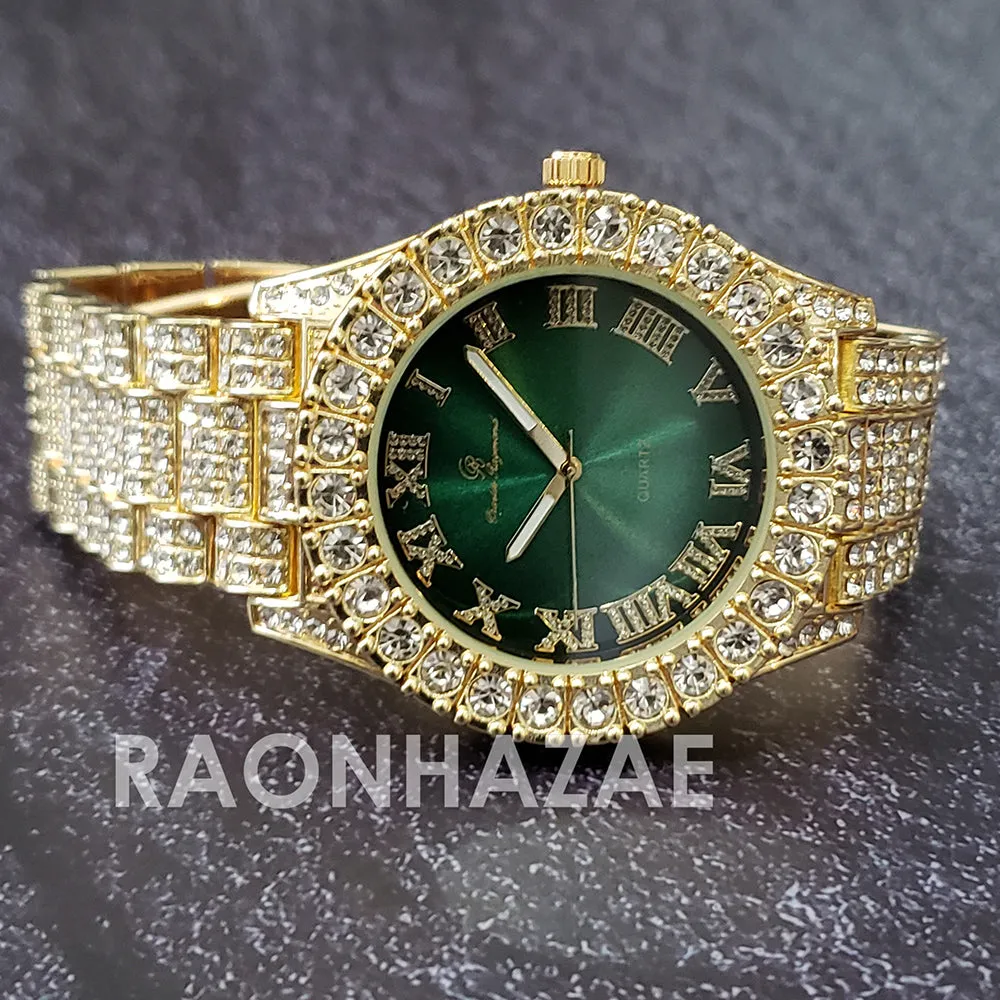 Raonhazae Hip Hop Iced Lab Diamond 14K De La Soul Gold Plated Green  Face Watch with Stones