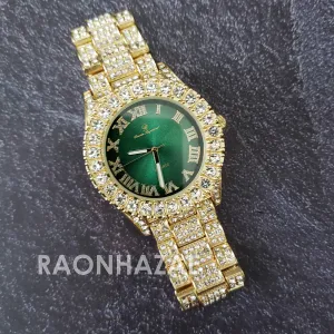Raonhazae Hip Hop Iced Lab Diamond 14K De La Soul Gold Plated Green  Face Watch with Stones