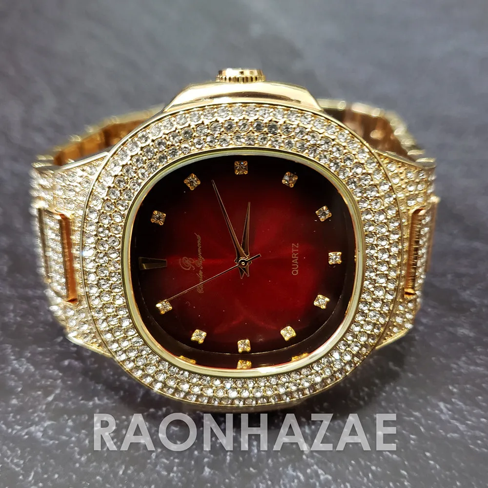 Raonhazae Hip Hop Iced Lab Diamond 14K Drake Drizzy Red Face Gold Plated Black Face Watch with Stone