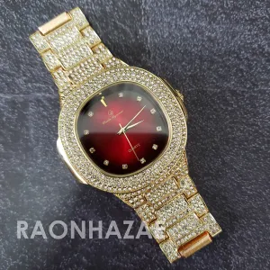 Raonhazae Hip Hop Iced Lab Diamond 14K Drake Drizzy Red Face Gold Plated Black Face Watch with Stone