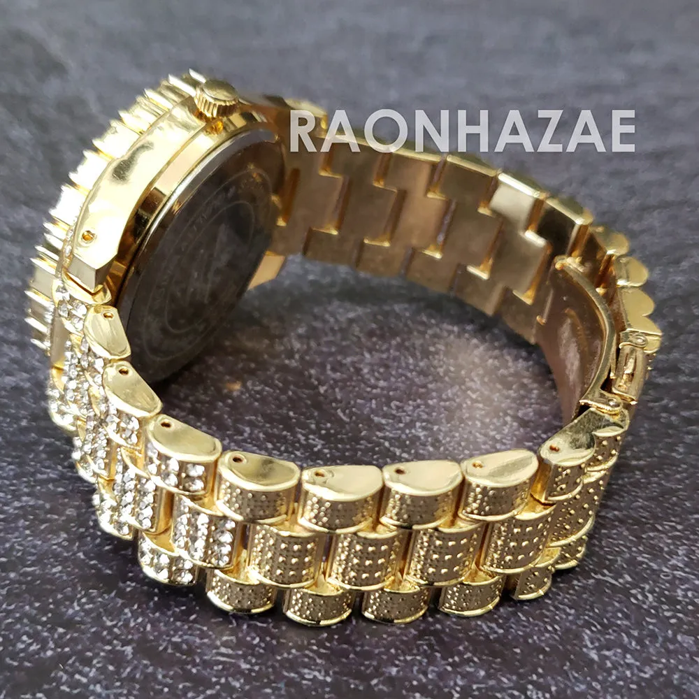 Raonhazae Hip Hop Iced Lab Diamond 14K  Gold Plated Watch with Stone