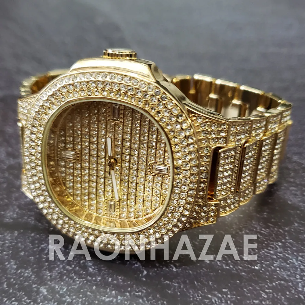 Raonhazae Hip Hop Iced Lab Diamond 14K  Gold Plated Watch with Stone
