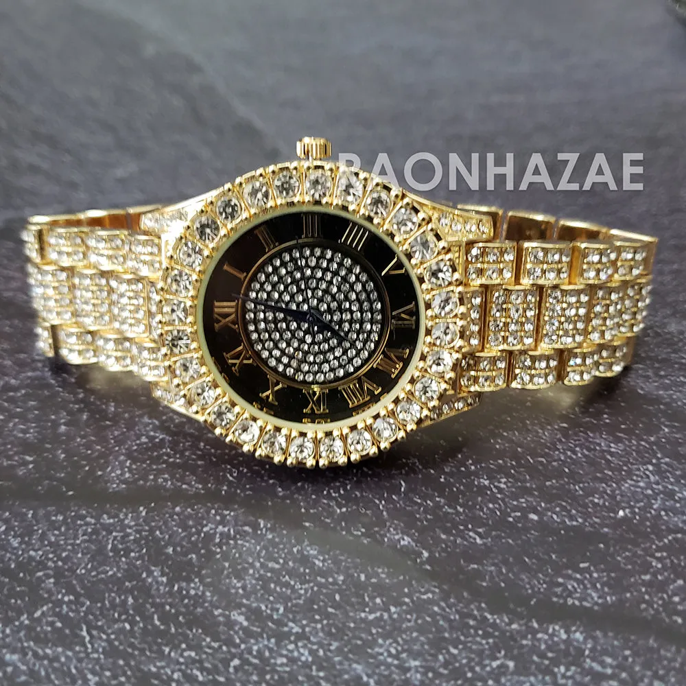 Raonhazae Hip Hop Iced Lab Diamond 14K  Gold Plated Watch with Stone