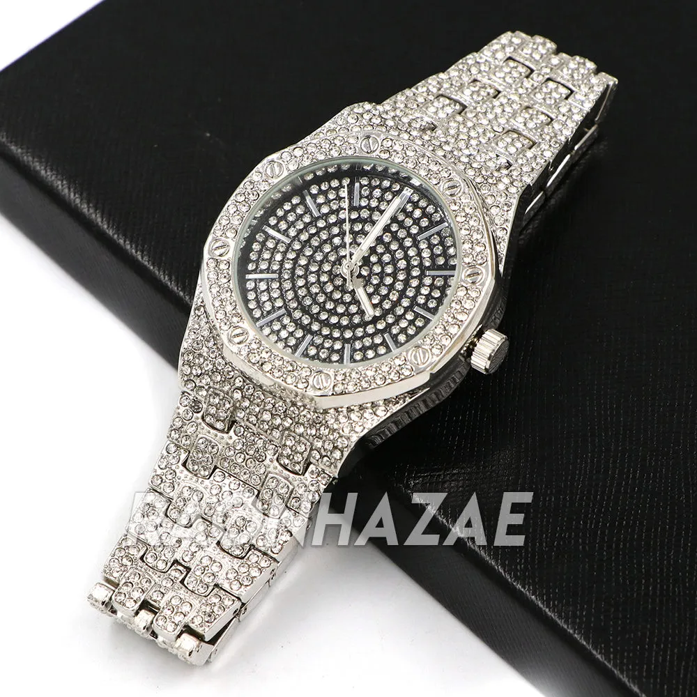 Raonhazae Men's Black/ White Gold Simulated Hip Hop Iced Bezel Watch - G06