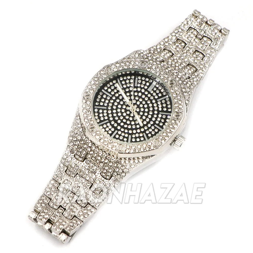 Raonhazae Men's Black/ White Gold Simulated Hip Hop Iced Bezel Watch - G06