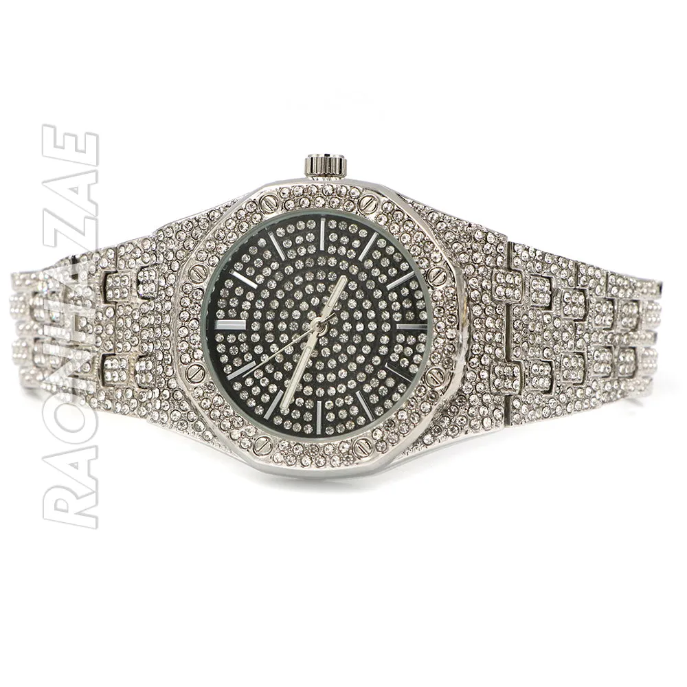 Raonhazae Men's Black/ White Gold Simulated Hip Hop Iced Bezel Watch - G06