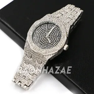Raonhazae Men's Black/ White Gold Simulated Hip Hop Iced Bezel Watch - G06