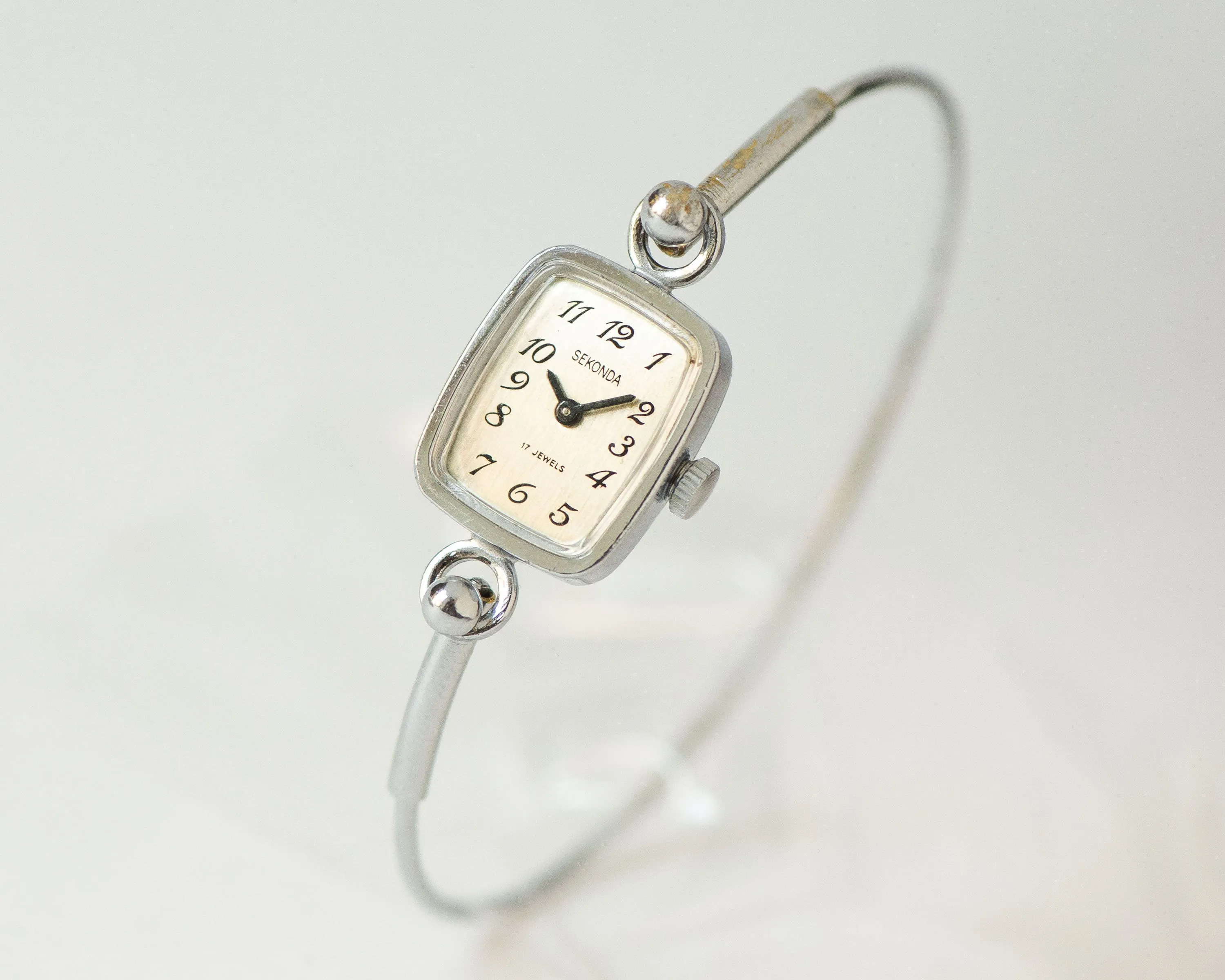 Rectangular watch bracelet vintage silver shade Sekonda, women's cocktail watch bracelet Arabic numerals dial, watch unique gift for lady