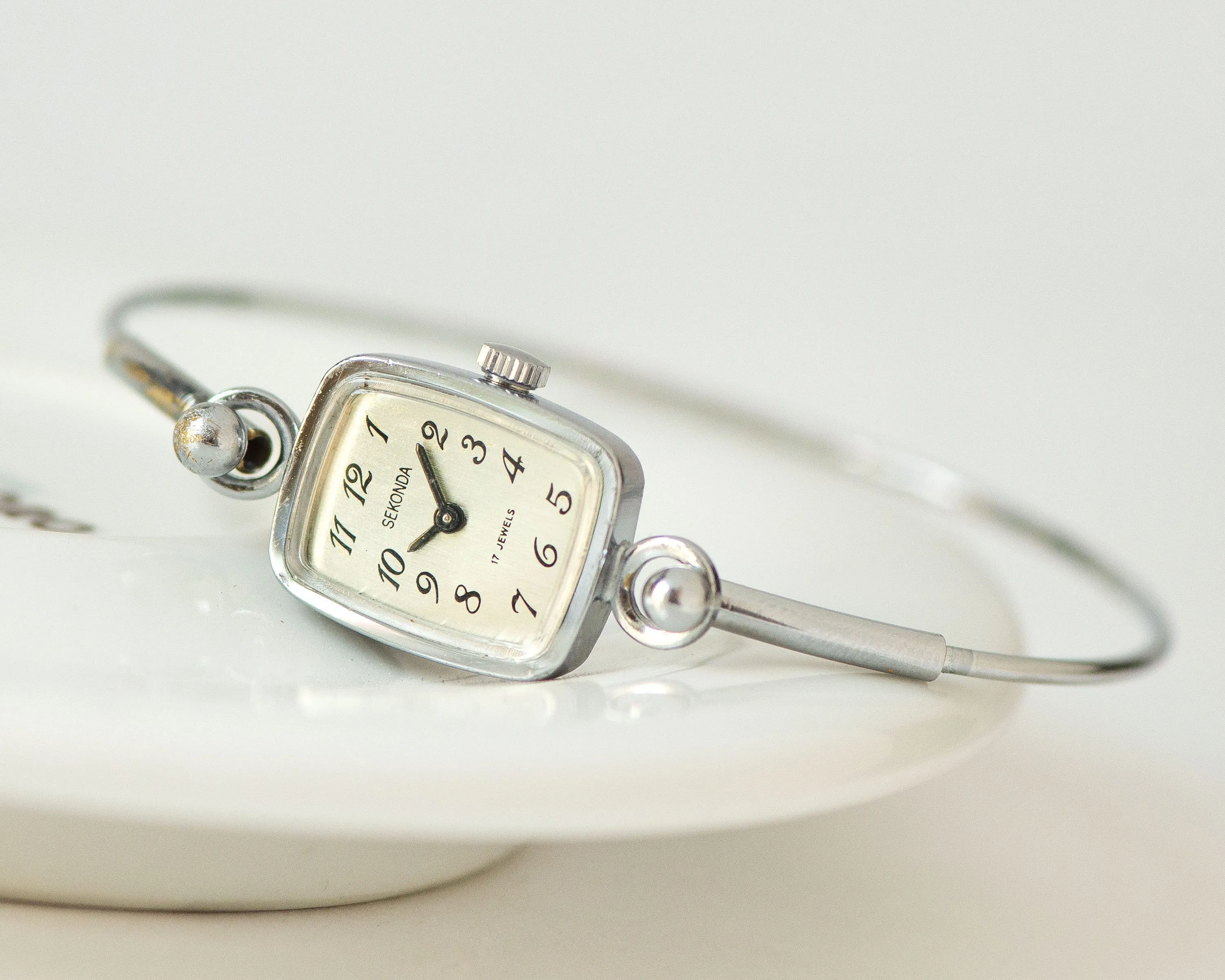 Rectangular watch bracelet vintage silver shade Sekonda, women's cocktail watch bracelet Arabic numerals dial, watch unique gift for lady