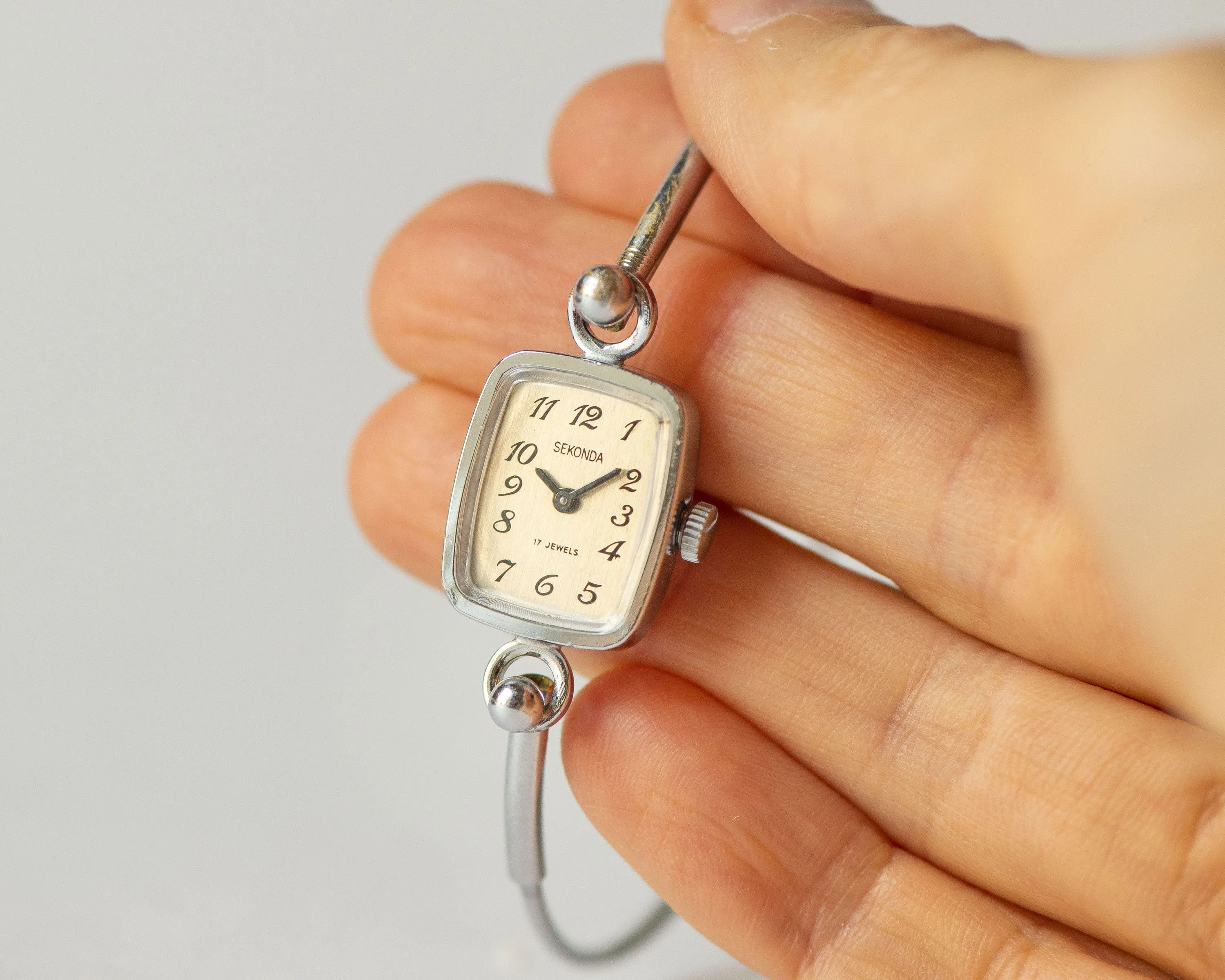 Rectangular watch bracelet vintage silver shade Sekonda, women's cocktail watch bracelet Arabic numerals dial, watch unique gift for lady