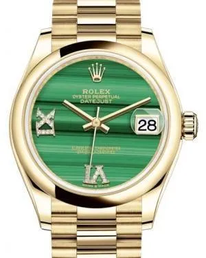 Rolex Datejust 31 Lady Midsize Yellow Gold Green Malachite VI IX Diamond Dial & Smooth Domed Bezel President Bracelet 278248